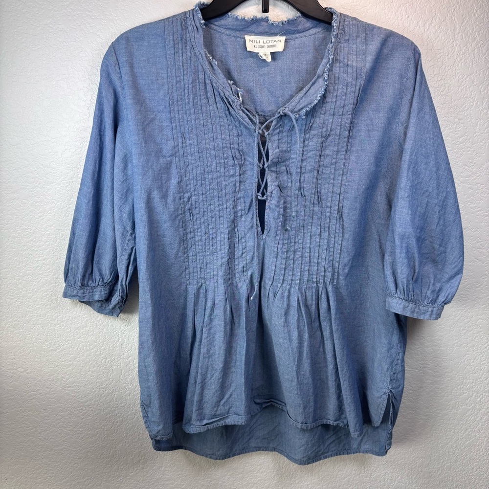 Nili Lotan 100% Cotton Thin Chambray Lace-Up Pop-Over Blue Blouse Shirt - XS